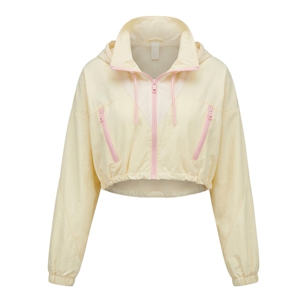 Zara Cropped Yellow Hooded Rain Jacket with Pink Accents size Large
